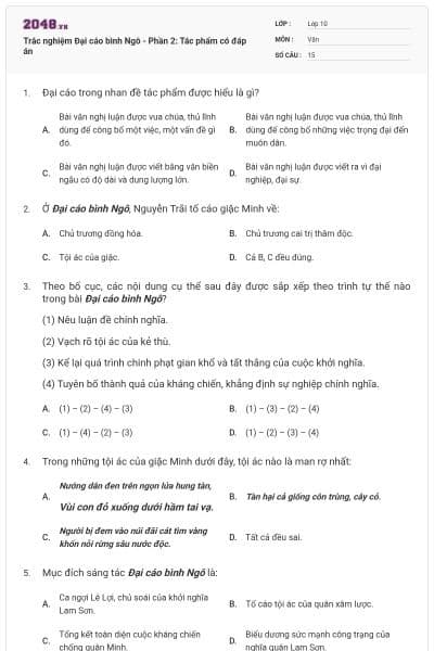 Trắc nghiệm Đại cáo bình Ngô - Phần 2: Tác phẩm có đáp án