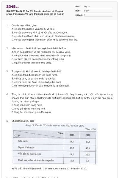 Giải SBT Địa lý 10 Bài 19. Cơ cấu nền kinh tế, tổng sản phẩm trong nước Và tổng thu nhập quốc gia có đáp án