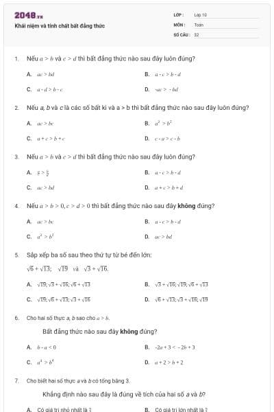 Khái niệm và tính chất bất đẳng thức