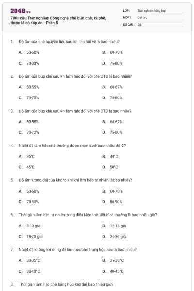 700+ câu Trắc nghiệm Công nghệ chế biến chè, cà phê, thuốc lá có đáp án - Phần 5