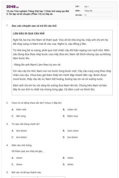 10 câu Trắc nghiệm Tiếng Việt lớp 1 Chân trời sáng tạo Bài 5: Ôn tập và kể chuyện (Phần 13) có đáp án