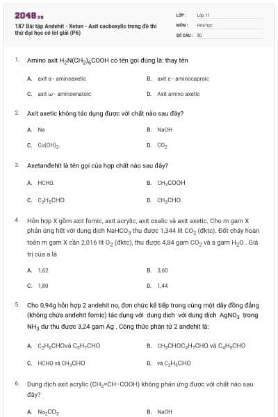 187 Bài tập Andehit - Xeton - Axit cacboxylic trong đề thi thử đại học có lời giải (P6)