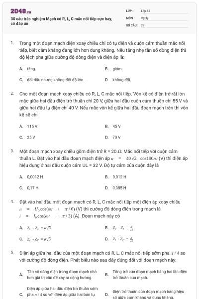 30 câu trắc nghiệm Mạch có R, L, C mắc nối tiếp cực hay, có đáp án