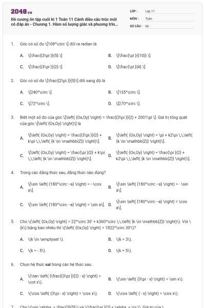 Đề cương ôn tập cuối kì 1 Toán 11 Cánh diều cấu trúc mới có đáp án - Chương 1. Hàm số lượng giác và phương trình lượng giác