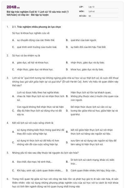 Bài tập trắc nghiệm Cuối kì 1 Lịch sử 10 cấu trúc mới (1 tiết/tuần) có đáp án - Bài tập tự luyện