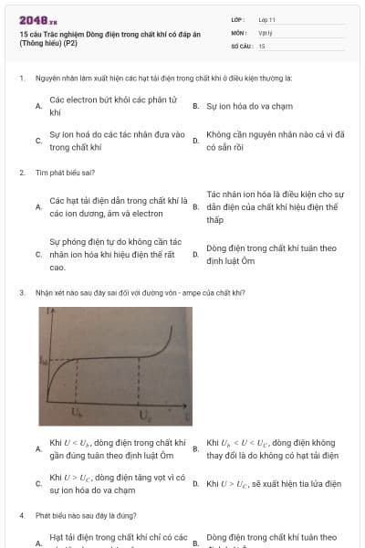 15 câu Trắc nghiệm Dòng điện trong chất khí có đáp án (Thông hiểu) (P2)