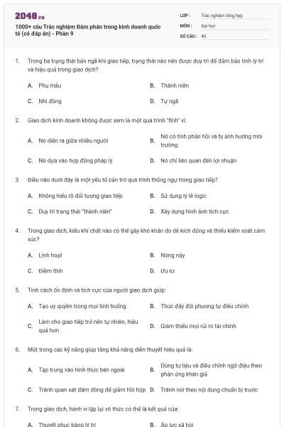 1000+ câu Trắc nghiệm Đàm phán trong kinh doanh quốc tế (có đáp án) - Phần 9