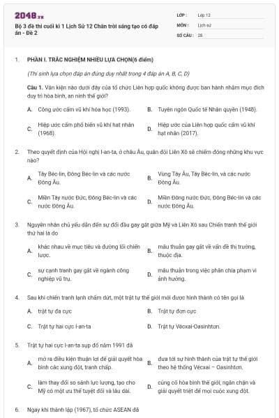 Bộ 3 đề thi cuối kì 1 Lịch Sử 12 Chân trời sáng tạo có đáp án - Đề 2