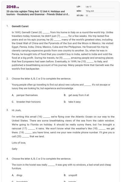 20 câu trắc nghiệm Tiếng Anh 12 Unit 4. Holidays and tourism - Vocabulary and Grammar - Friends Global có đáp án
