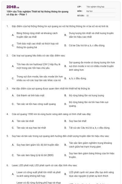 100+ câu Trắc nghiệm Thiết kế hệ thống thông tin quang có đáp án - Phần 1