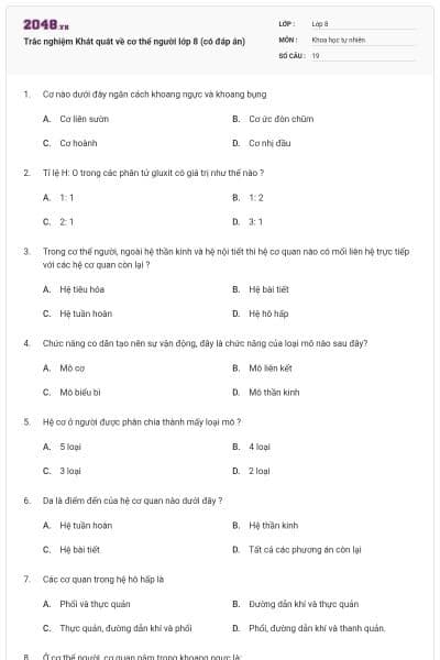 Trắc nghiệm Khát quát về cơ thể người lớp 8 (có đáp án)