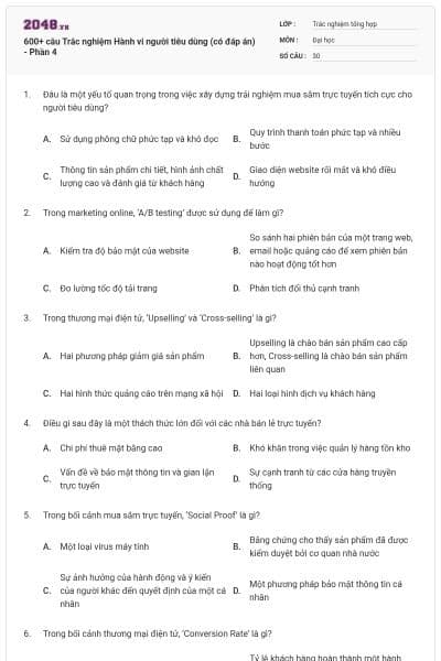600+ câu Trắc nghiệm Hành vi người tiêu dùng (có đáp án) - Phần 4