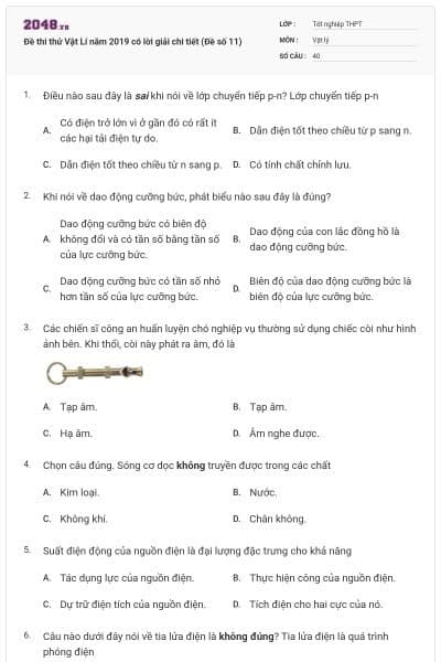 Đề thi thử Vật Lí năm 2019 có lời giải chi tiết (Đề số 11)