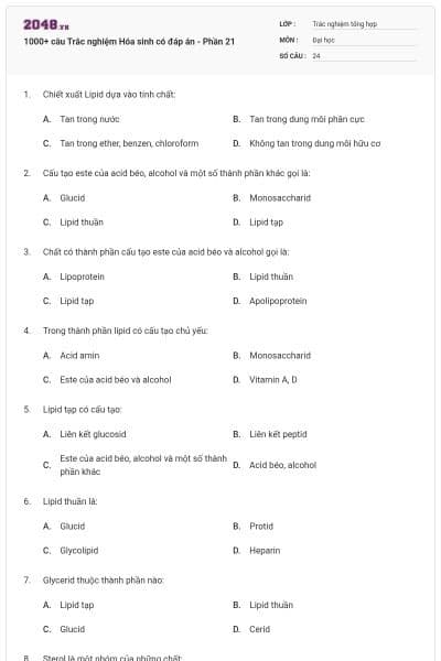 1000+ câu Trắc nghiệm Hóa sinh có đáp án - Phần 21
