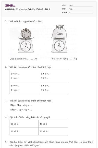 Giải bài tập Cùng em học Toán lớp 2 Tuần 7 - Tiết 2