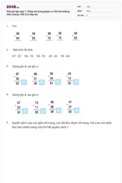 Giải bài tập toán 1: Phép trừ trong phạm vi 100 (trừ không nhớ) (trang 158) (Có đáp án)