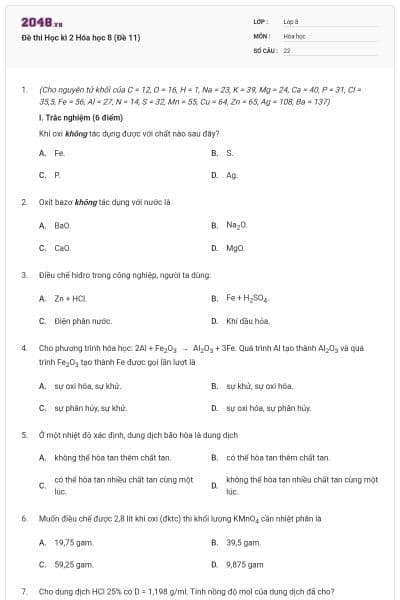 Đề thi Học kì 2 Hóa học 8 (Đề 11)