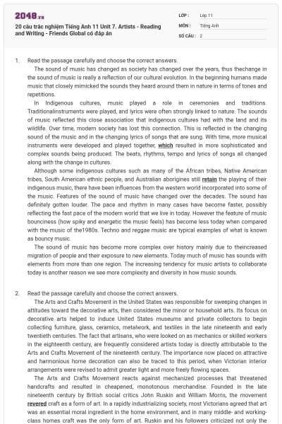20 câu trắc nghiệm Tiếng Anh 11 Unit 7. Artists - Reading and Writing - Friends Global có đáp án