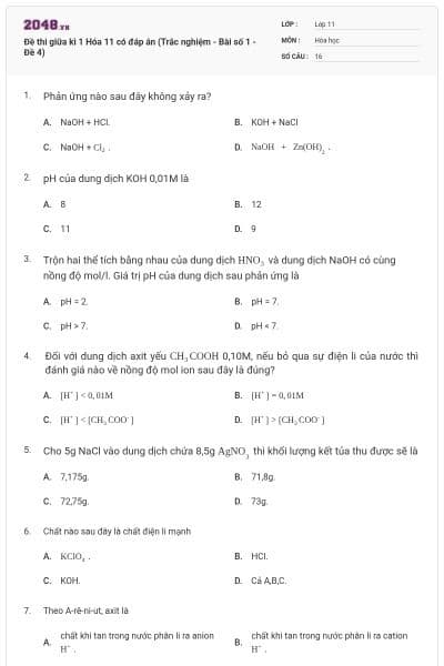 Đề thi giữa kì 1  Hóa 11 có đáp án (Trắc nghiệm - Bài số 1 - Đề 4)