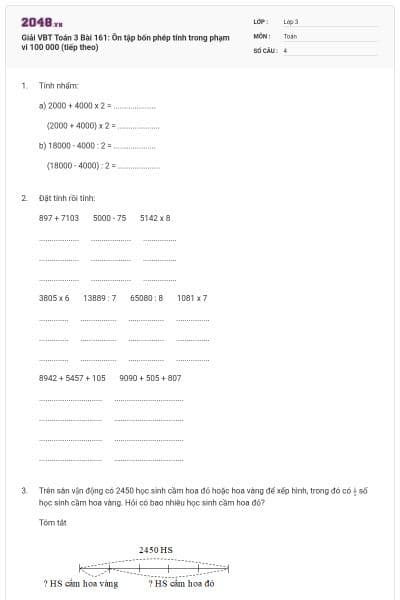 Giải VBT Toán 3 Bài 161: Ôn tập bốn phép tính trong phạm vi 100 000 (tiếp theo)