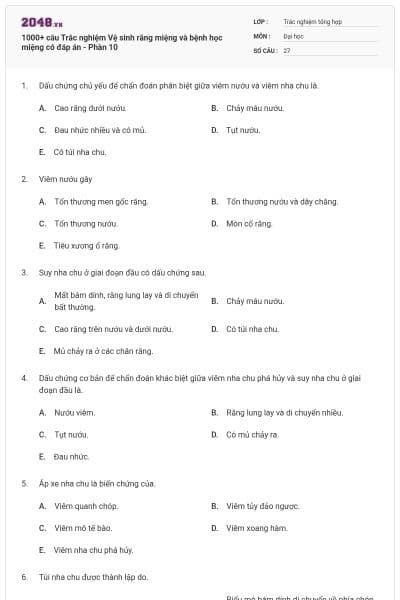1000+ câu Trắc nghiệm Vệ sinh răng miệng và bệnh học miệng có đáp án - Phần 10