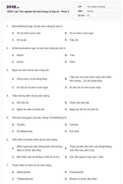1800+ câu Trắc nghiệm Ký sinh trùng có đáp án - Phần 4