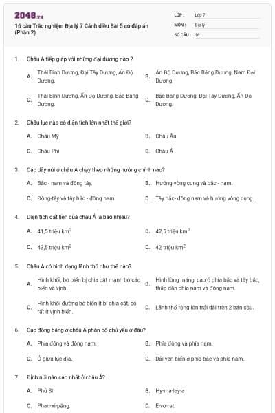 16 câu Trắc nghiệm Địa lý 7 Cánh diều Bài 5 có đáp án (Phần 2)