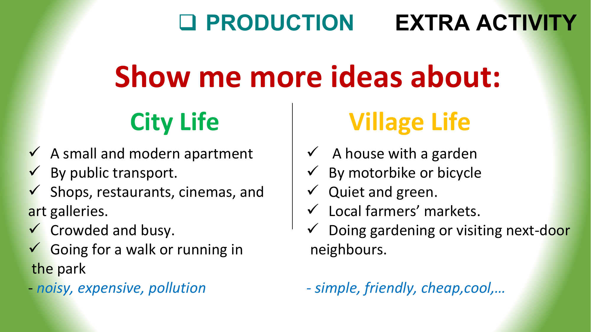 q PRODUCTION EXTRA ACTIVITY

 Show me more ideas about:
 City Life Village Life
ü A small and modern apartment ü A house with a garden
ü By public transport. ü By motorbike or bicycle
ü Shops, restaurants, cinemas, and ü Quiet and green.
art galleries. ü Local farmers’ markets.
ü Crowded and busy. ü Doing gardening or visiting next-door
ü Going for a walk or running in neighbours.
 the park
- noisy, expensive, pollution - simple, friendly, cheap,cool,…