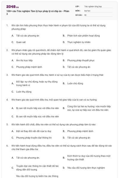 100+ câu Trắc nghiệm Tâm lý học pháp lý có đáp án - Phần 3