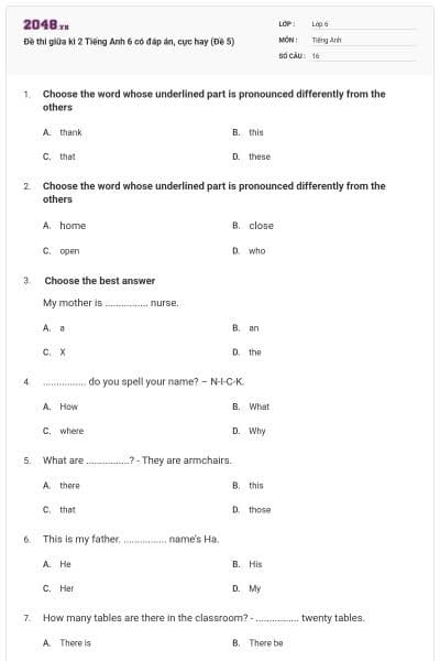 Đề thi giữa kì 2 Tiếng Anh 6 có đáp án, cực hay (Đề 5)