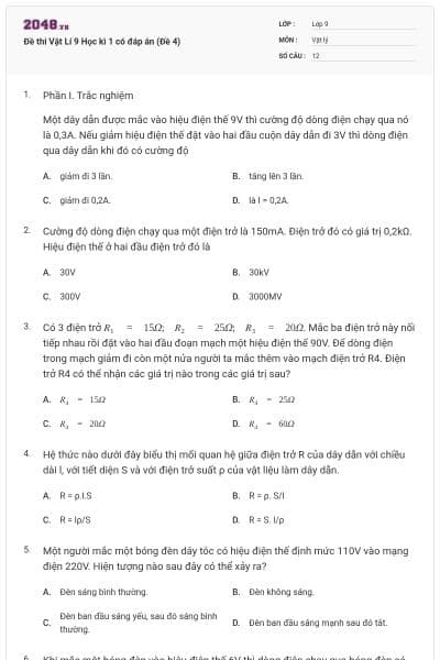 Đề thi Vật Lí 9 Học kì 1 có đáp án (Đề 4)
