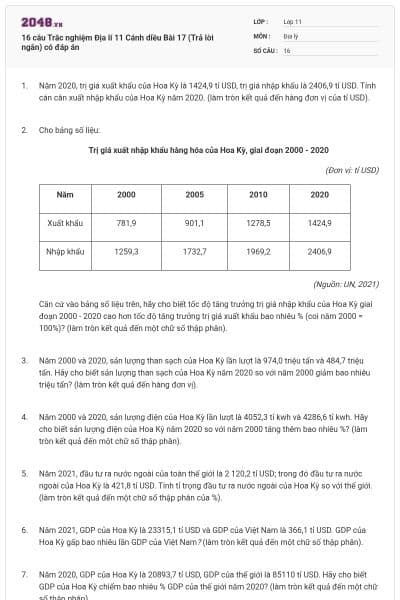 16 câu Trắc nghiệm Địa lí 11 Cánh diều Bài 17 (Trả lời ngắn) có đáp án