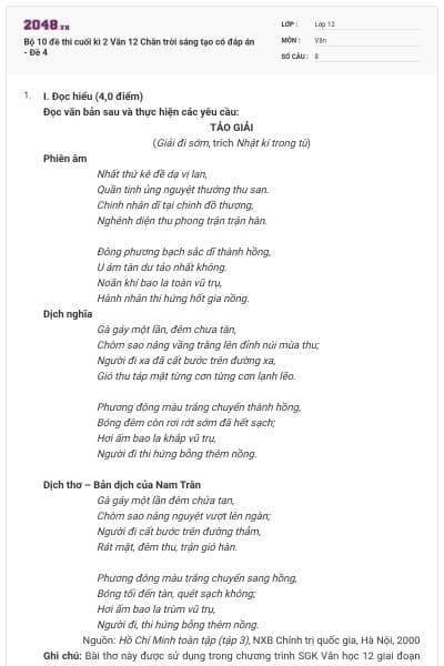 Bộ 10 đề thi cuối kì 2 Văn 12 Chân trời sáng tạo có đáp án - Đề 4