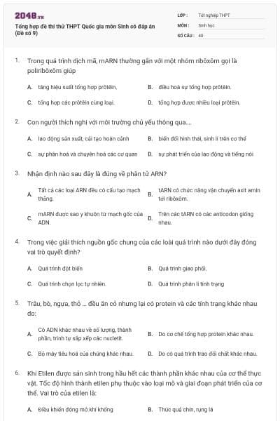 Tổng hợp đề thi thử THPT Quốc gia môn Sinh có đáp án (Đề số 9)
