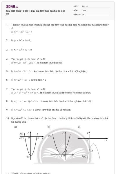 Giải SBT Toán 10 Bài 1. Dấu của tam thức bậc hai có đáp án