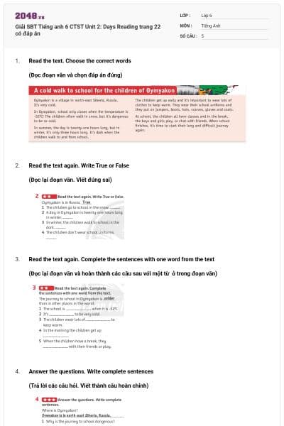 Giải SBT Tiếng anh 6 CTST Unit 2: Days Reading trang 22 có đáp án