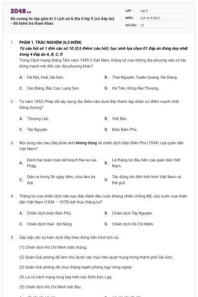 Đề cương ôn tập giữa kì 2 Lịch sử & Địa lí lớp 5 (có đáp án) - Đề kiểm tra tham khảo