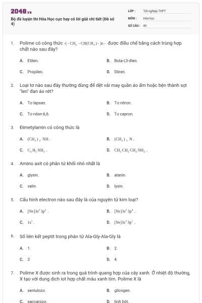 Bộ đề luyện thi Hóa Học cực hay có lời giải chi tiết (Đề số 4)