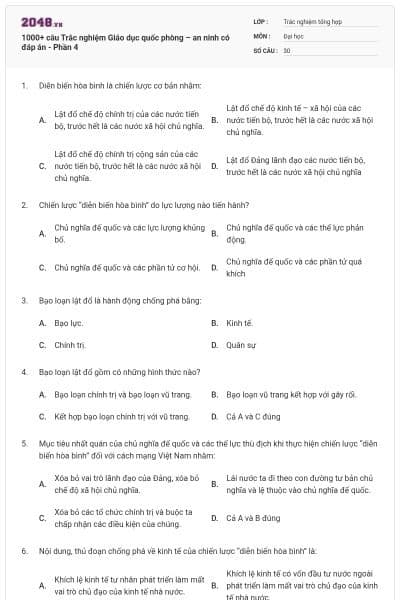 1000+ câu Trắc nghiệm Giáo dục quốc phòng – an ninh có đáp án - Phần 4