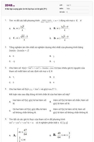 8 Bài tập Lượng giác ôn thi đại học có lời giải (P1)