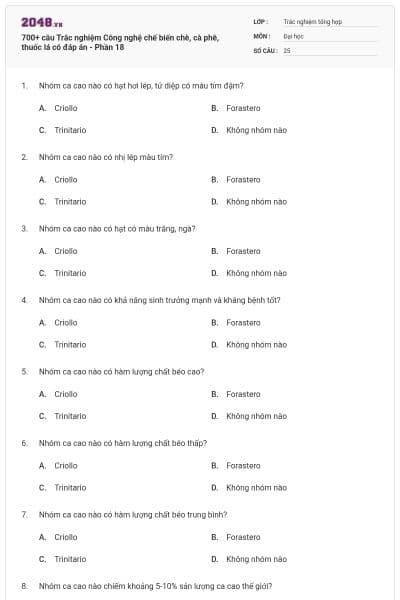 700+ câu Trắc nghiệm Công nghệ chế biến chè, cà phê, thuốc lá có đáp án - Phần 18
