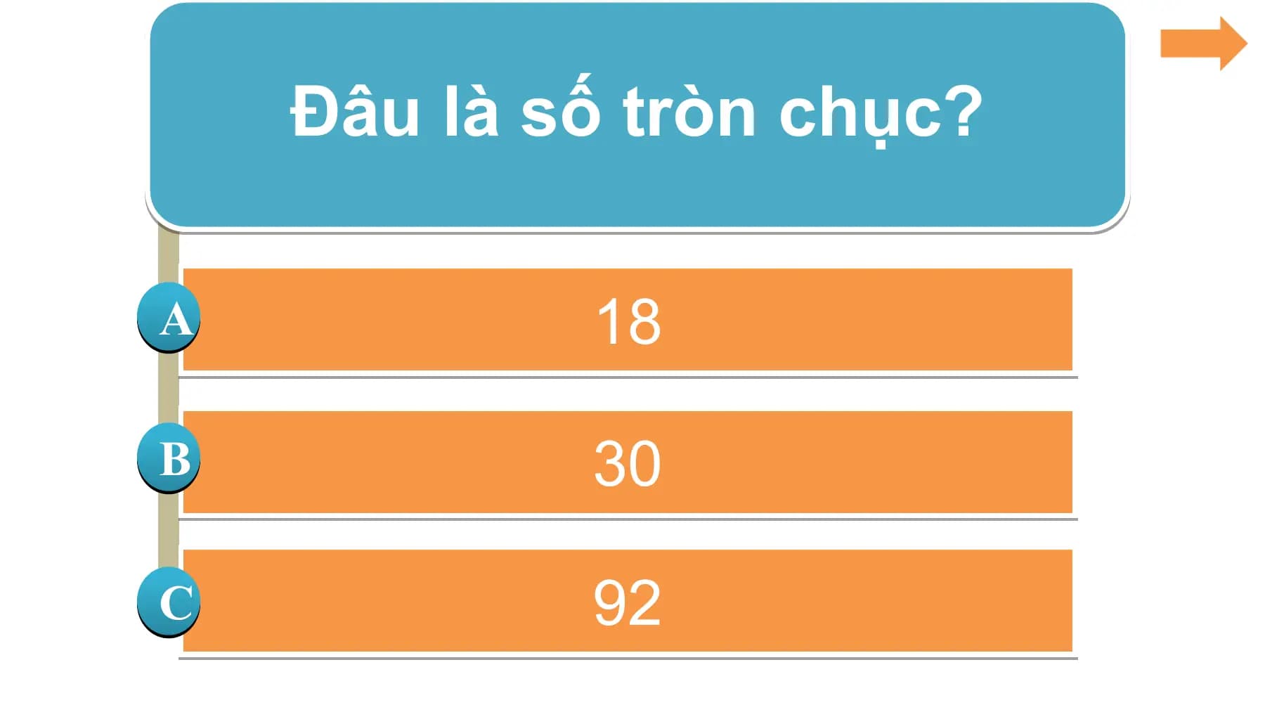 Đâu là số tròn chục?

A 18

B 30

C 92