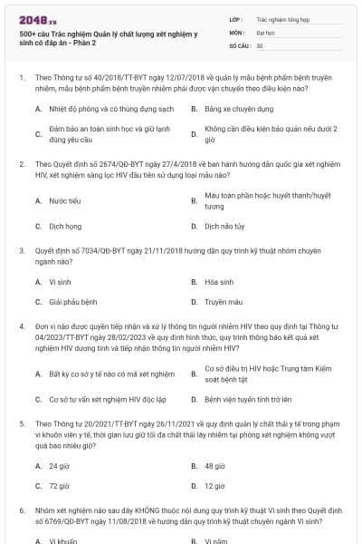 500+ câu Trắc nghiệm Quản lý chất lượng xét nghiệm y sinh có đáp án - Phần 2