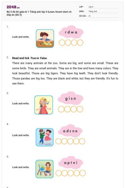 Bộ 5 đề thi giữa kì 1 Tiếng anh lớp 4 iLearn Smart start có đáp án (Đề 5)