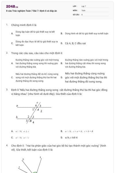 8 câu Trắc nghiệm Toán 7 Bài 7: Định lí có đáp án