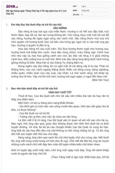 Bài tập hàng ngày Tiếng Việt lớp 4 Ôn tập giữa học kì 2 (có đáp án)