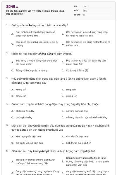 20 câu  Trắc nghiệm Vật lý 11 Các đề kiểm tra học kì có đáp án (đề số 3)