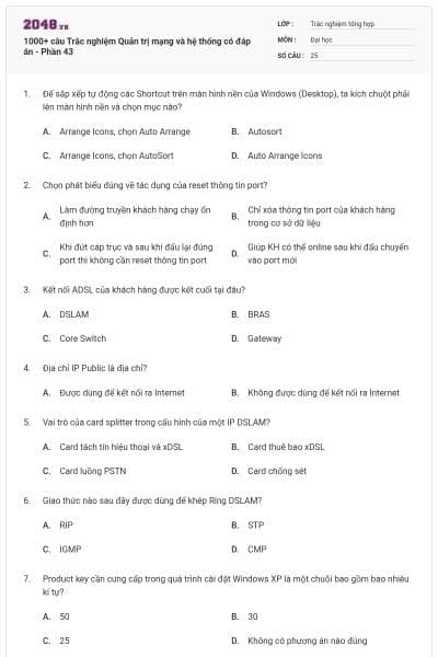 1000+ câu Trắc nghiệm Quản trị mạng và hệ thống có đáp án - Phần 43