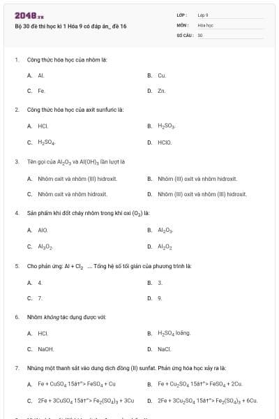 Bộ 30 đề thi học kì 1 Hóa 9 có đáp án_ đề 16