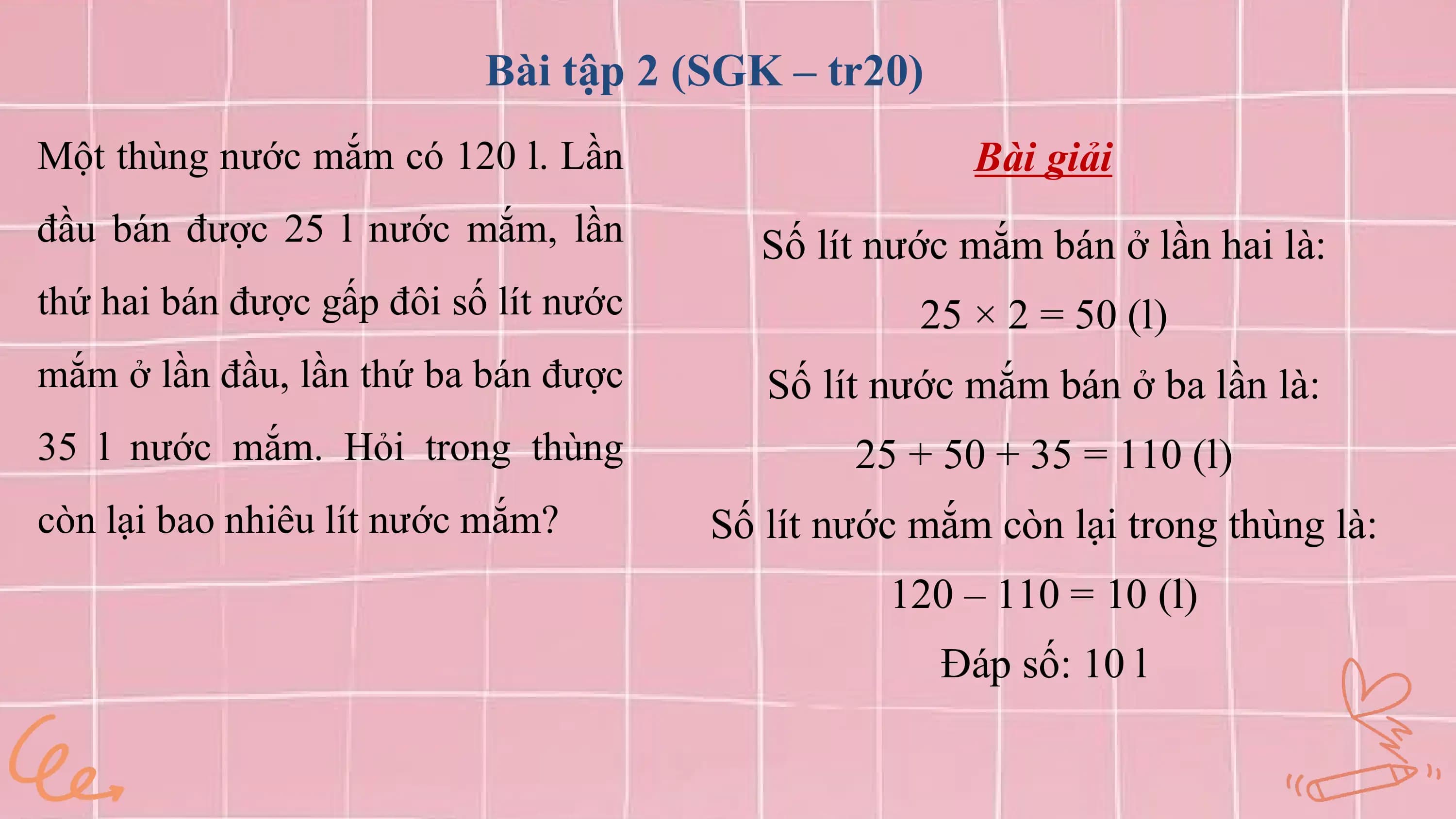 Bài tập 2 (SGK – tr20)
Một thùng nước mắm có 120 l. Lần Bài giải
đầu bán được 25 l nước mắm, lần Số lít nước mắm bán ở lần hai là:
thứ hai bán được gấp đôi số lít nước 25 × 2 = 50 (l)
mắm ở lần đầu, lần thứ ba bán được Số lít nước mắm bán ở ba lần là:
35 l nước mắm. Hỏi trong thùng 25 + 50 + 35 = 110 (l)
còn lại bao nhiêu lít nước mắm? Số lít nước mắm còn lại trong thùng là:
 120 – 110 = 10 (l)
 Đáp số: 10 l